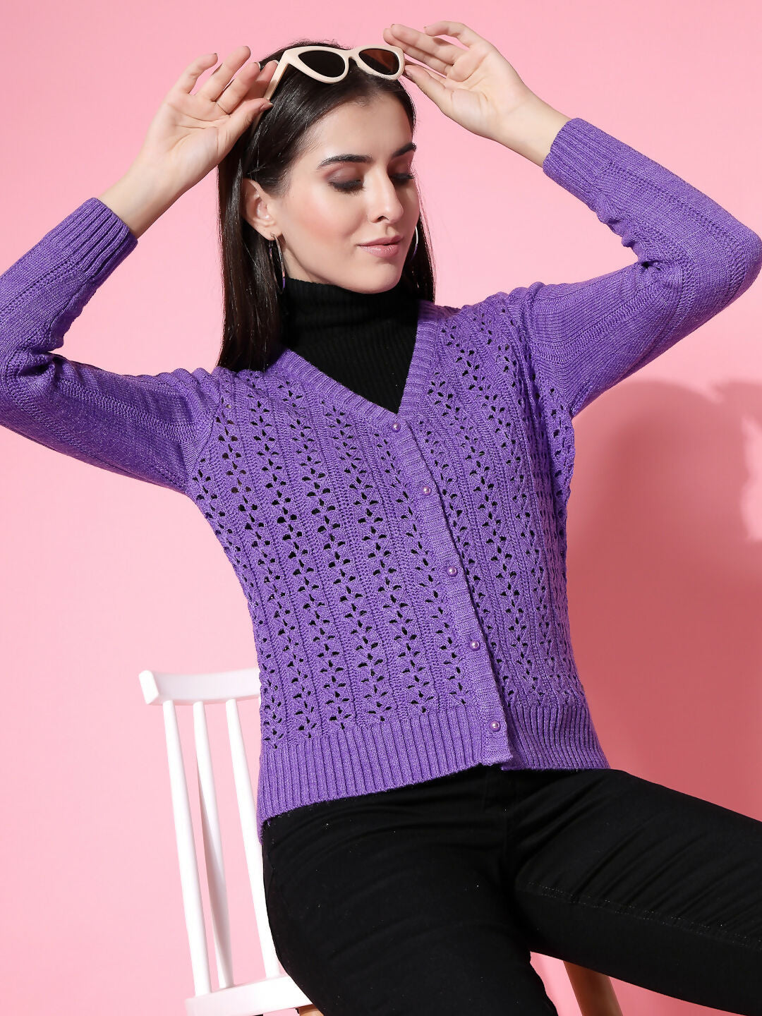 Women Pointelle Purple Acrylic Winter Cardigan - Wool Trees