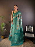 Joban Fashion Teal Floral Motifs Banarasi Silk Sarees