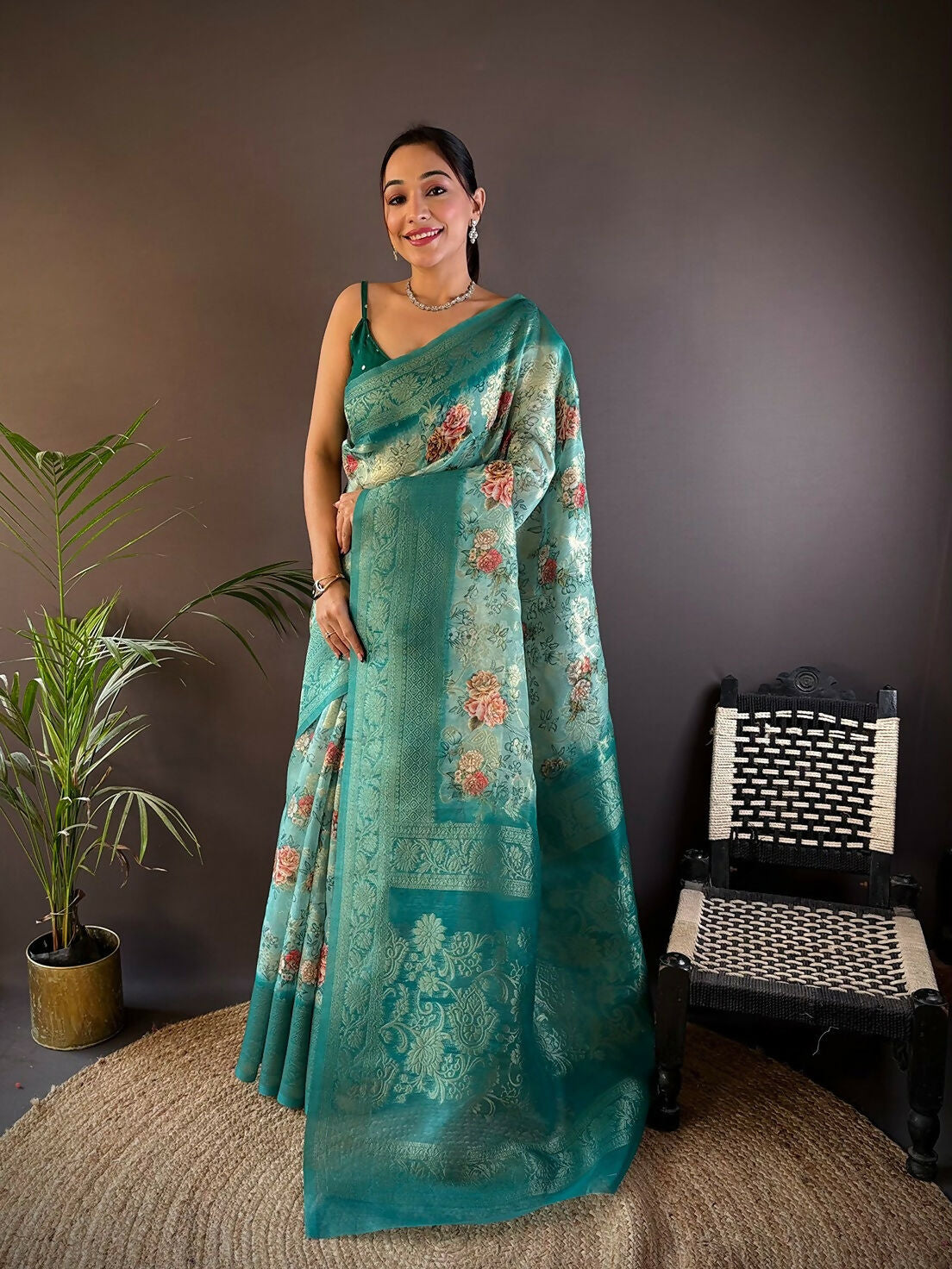 Joban Fashion Teal Floral Motifs Banarasi Silk Sarees