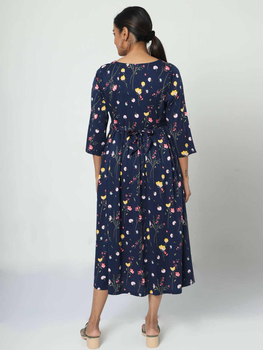 Manet Three Fourth Maternity Dress Floral Print With Concealed Zipper Nursing Access - Navy Blue