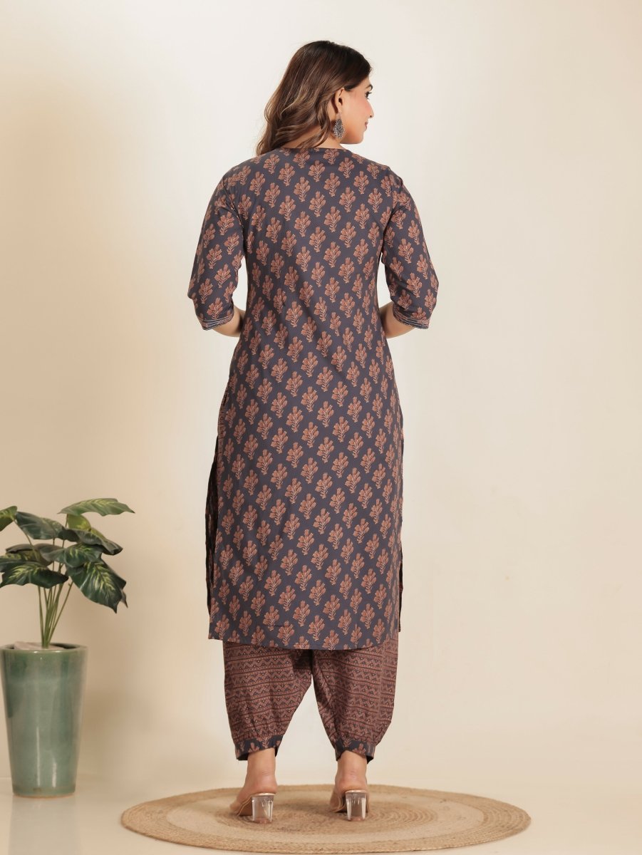Aramya Straight Soft Cotton Floral Print Women's Kurta Set - Grey