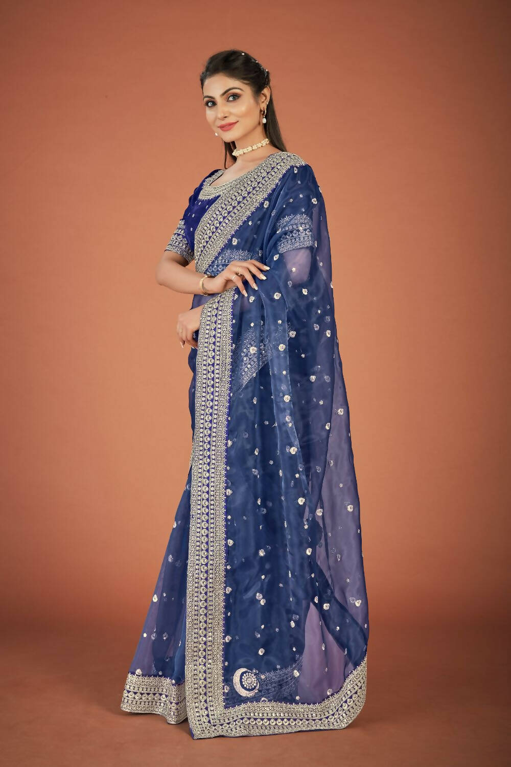 Vamsee Navy Blue Organza Saree