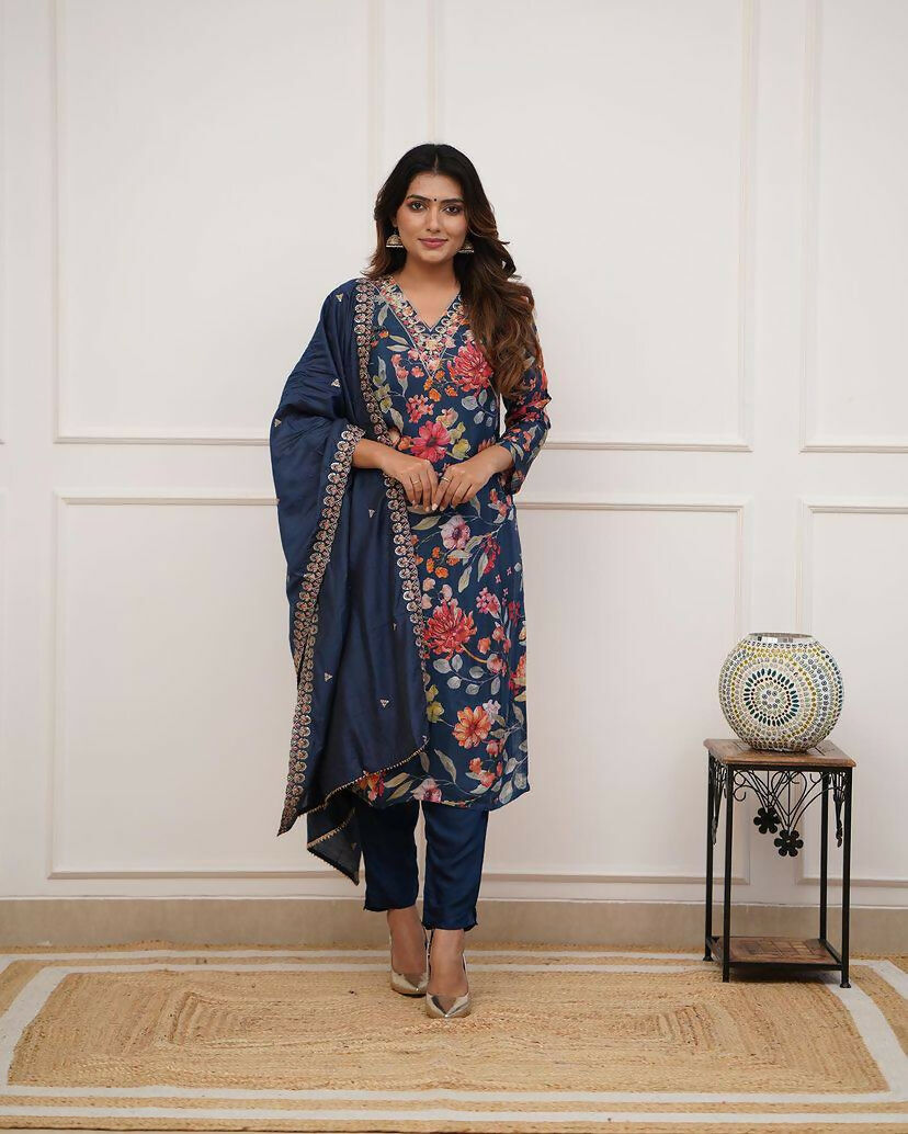 The52 Blue Women's Gorgeous Printed Pure Russian Silk Fabric Straight Kurta Pant with Dupatta Set