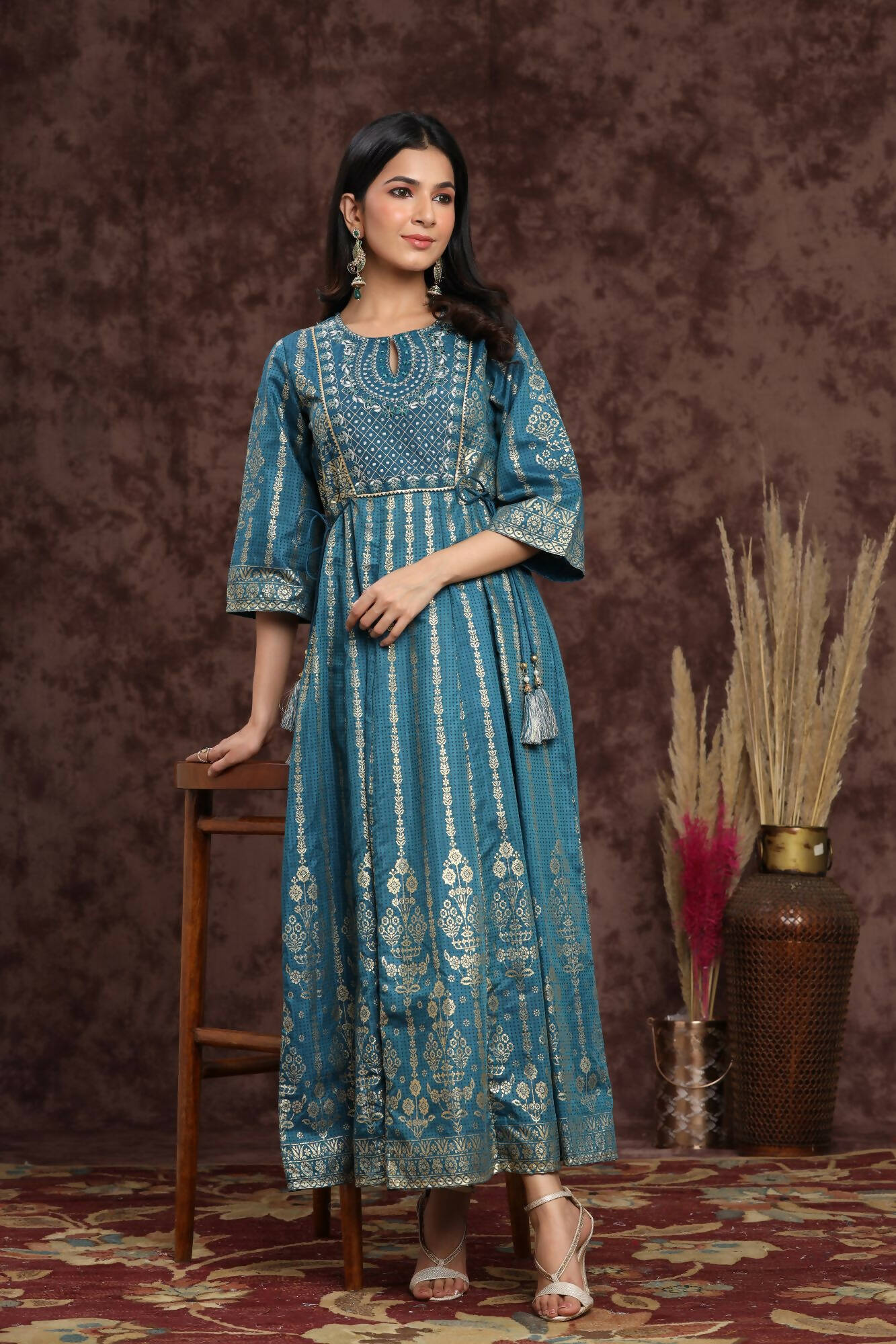 Juniper Women Teal Shantoon Printed Anarkali Dress