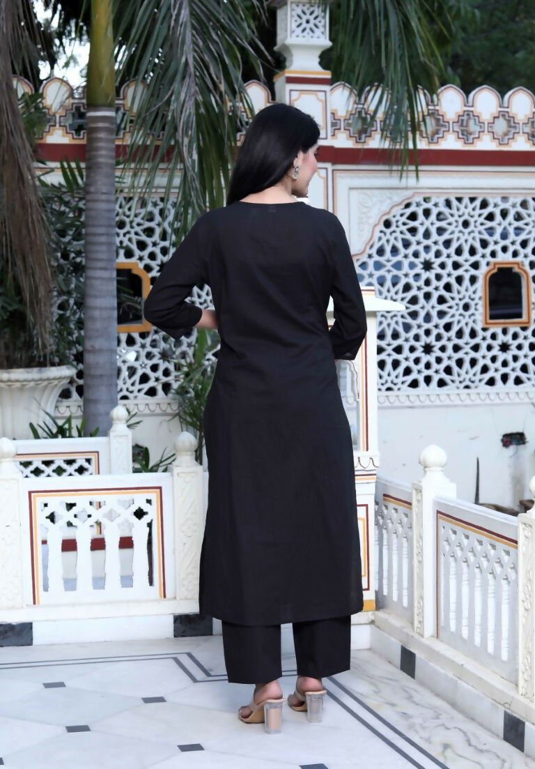 Miravan Women's Black Pintucks Detailing Straight Kurta and Palazzo with Dupatta Set