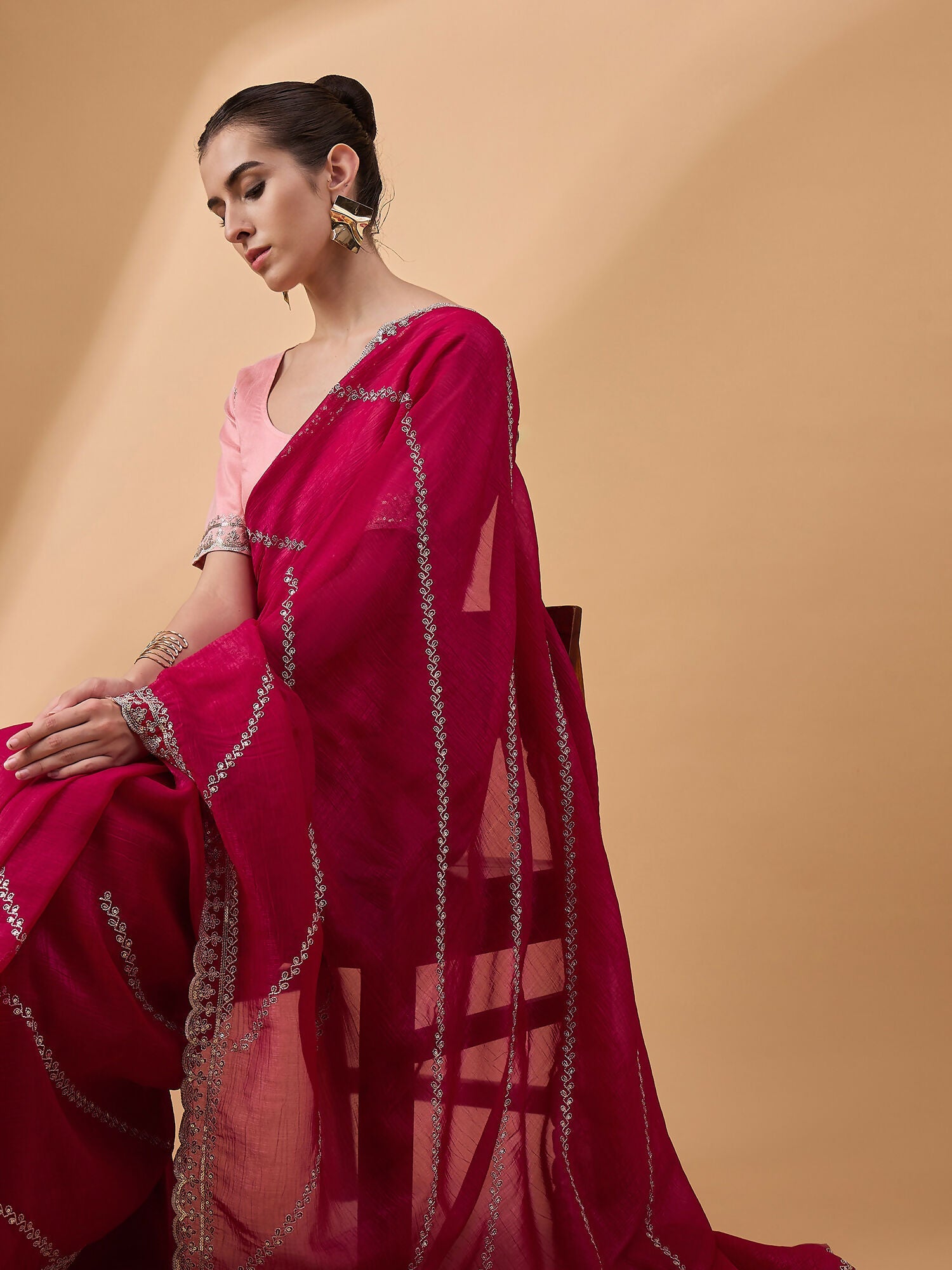 Pink Muslin Embroidered Saree with Unstitched Blouse Piece - Satya