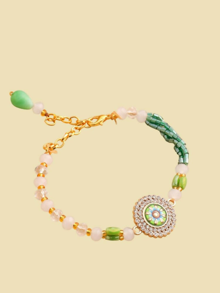 NVR Women Green Artificial Stones & Beads Floral Wraparound Bracelet