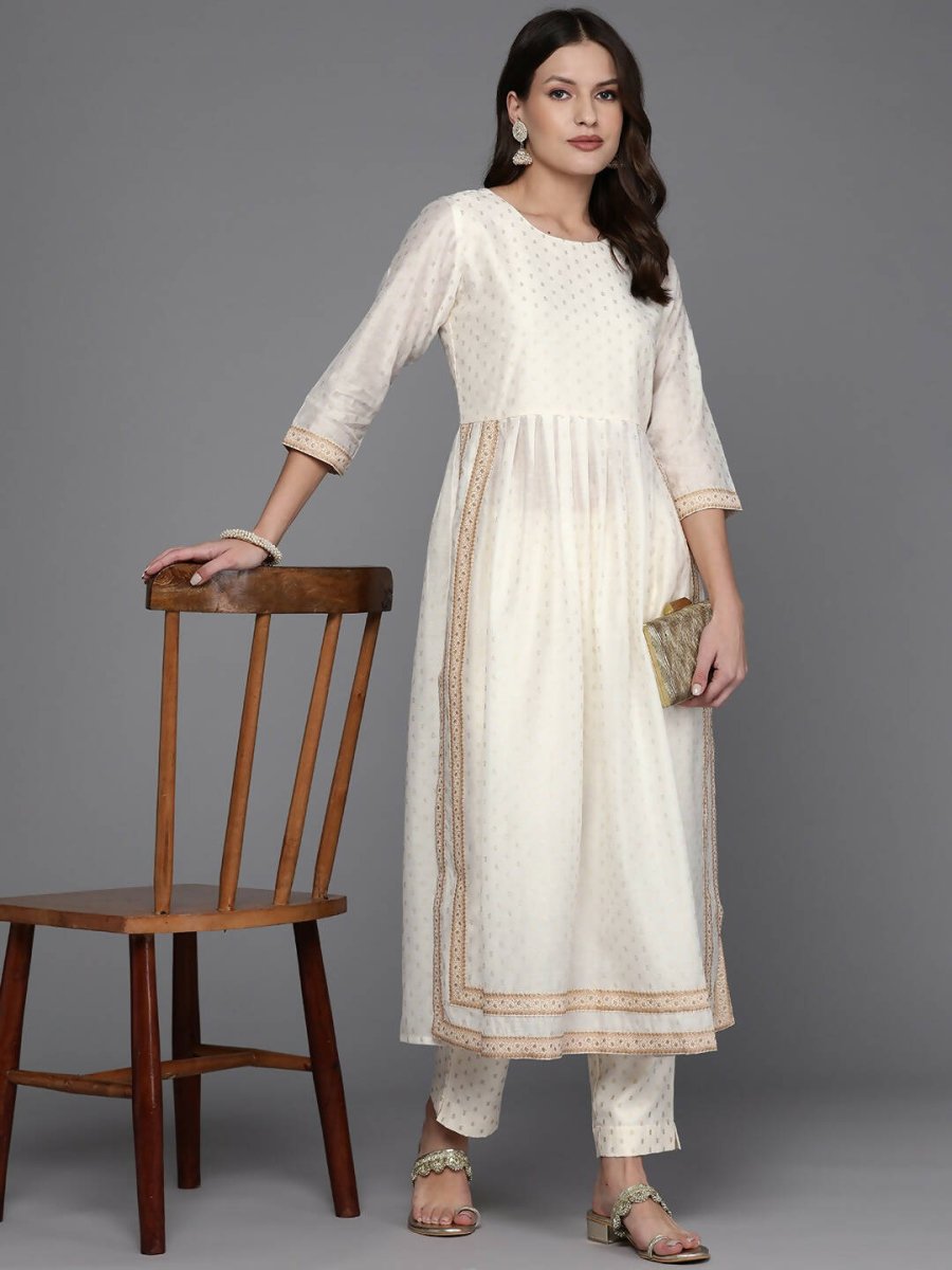 Ahalyaa Women Printed Pleated Kurta with Trousers - Off White Color
