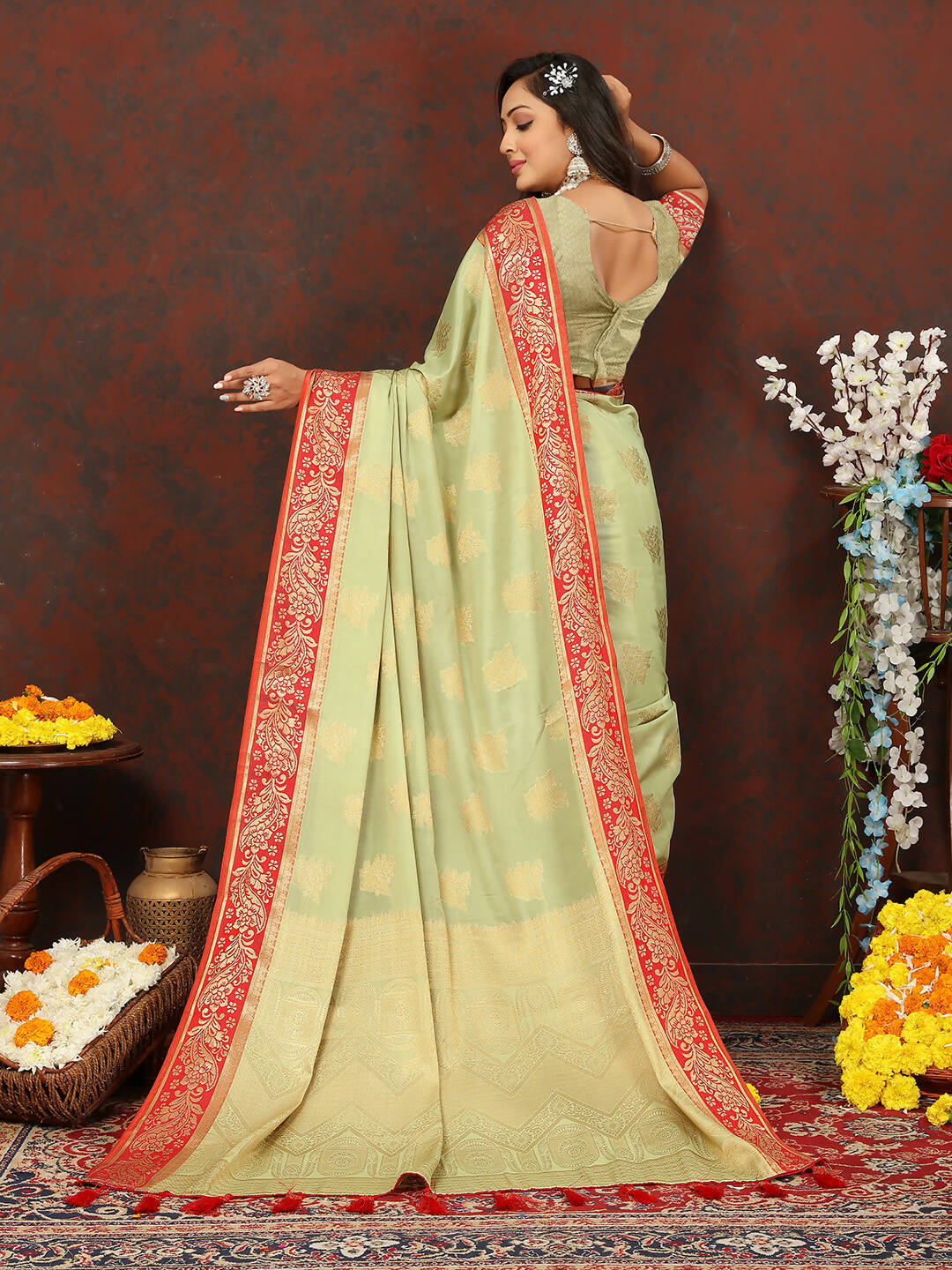 Lorenvalley Fashion Seagreen Cotton Woven Design with Zari Weaving Design Saree