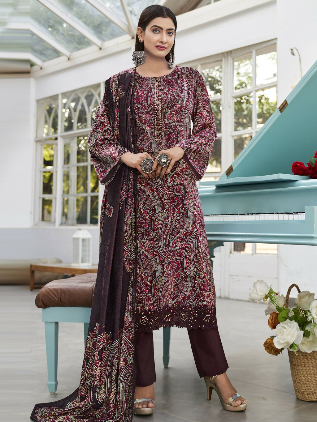 Jyoti Fashion Women's Wine Velvet Digital Print with Resham Thread work Kurta with Trouser & Dupatta