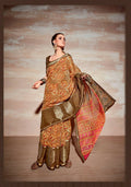 Brown Cotton Floral Printed Saree With Unstitched Blouse Piece - Kathika