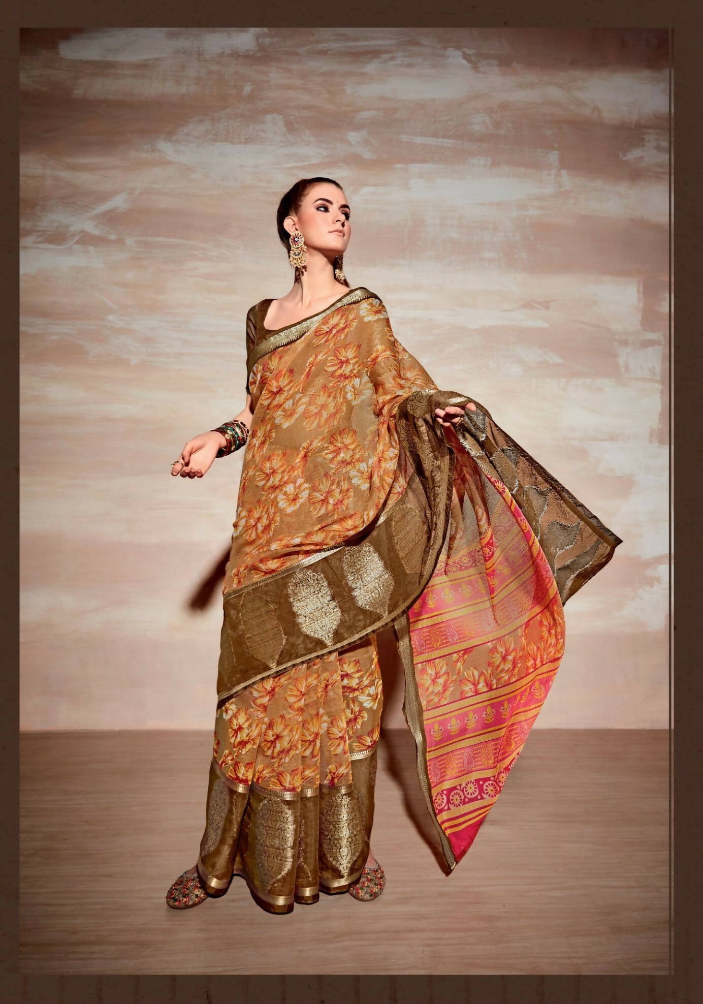 Brown Cotton Floral Printed Saree With Unstitched Blouse Piece - Kathika