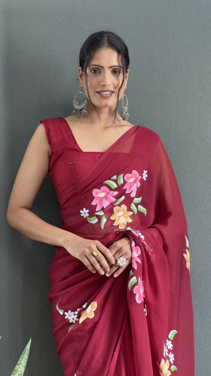 Aayaa Designer 1 min Hand Painted Ready to Wear saree - Maroon