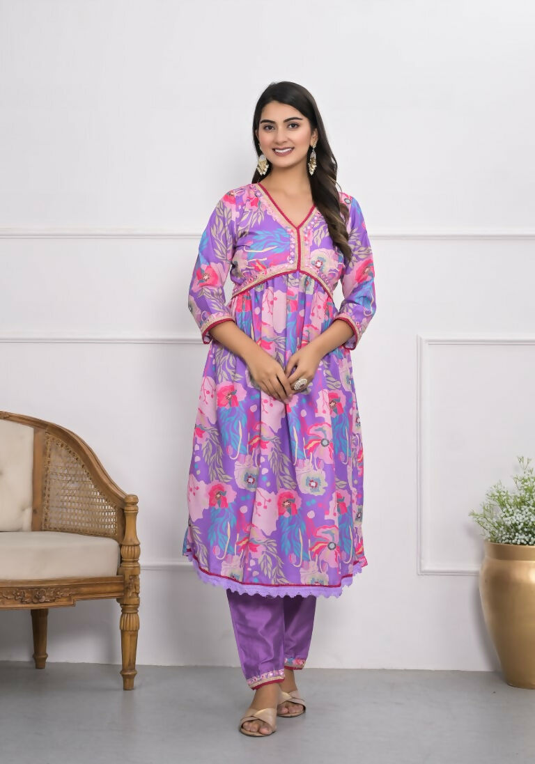 Lavender Muslin silk Embroidery with Thread and sequence Stitched Suit With Dupatta - Tanisha