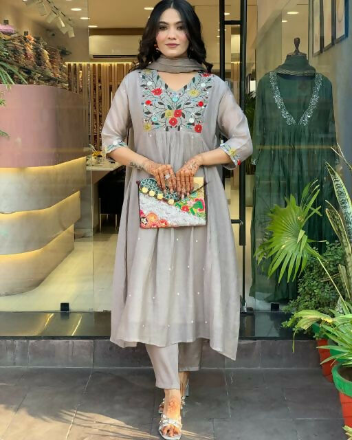 The52 Grey Women's Gorgeous Chinon Viscose Fabric Embroidered Work Straight Kurta Pant and Dupatta Set