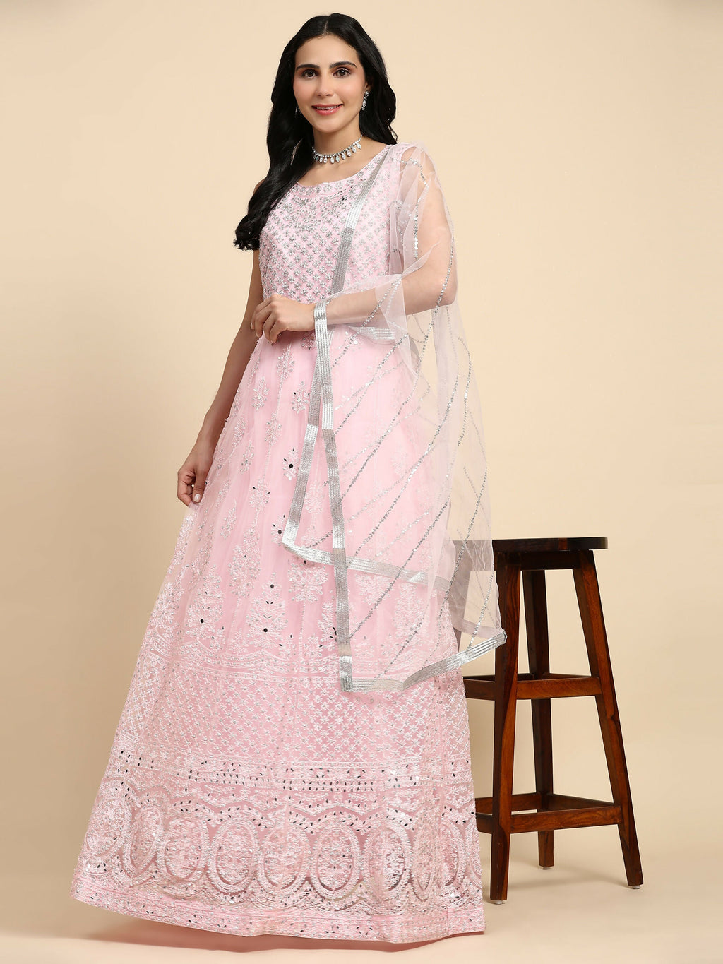 Pink Net Hand Embroidered Gown - Rudrani