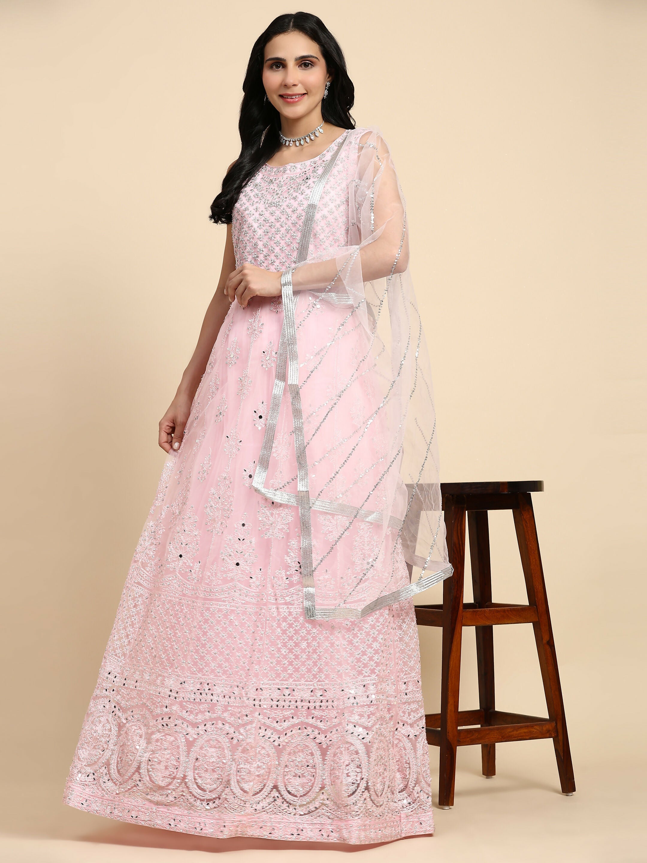 Pink Net Hand Embroidered Gown - Rudrani