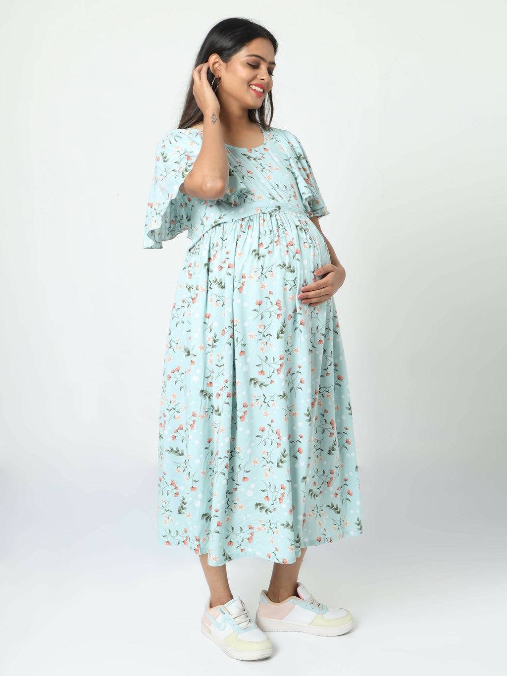 Manet Frill With Sleeve Maternity Dress Floral Print With Concealed Zipper Nursing Access - Green