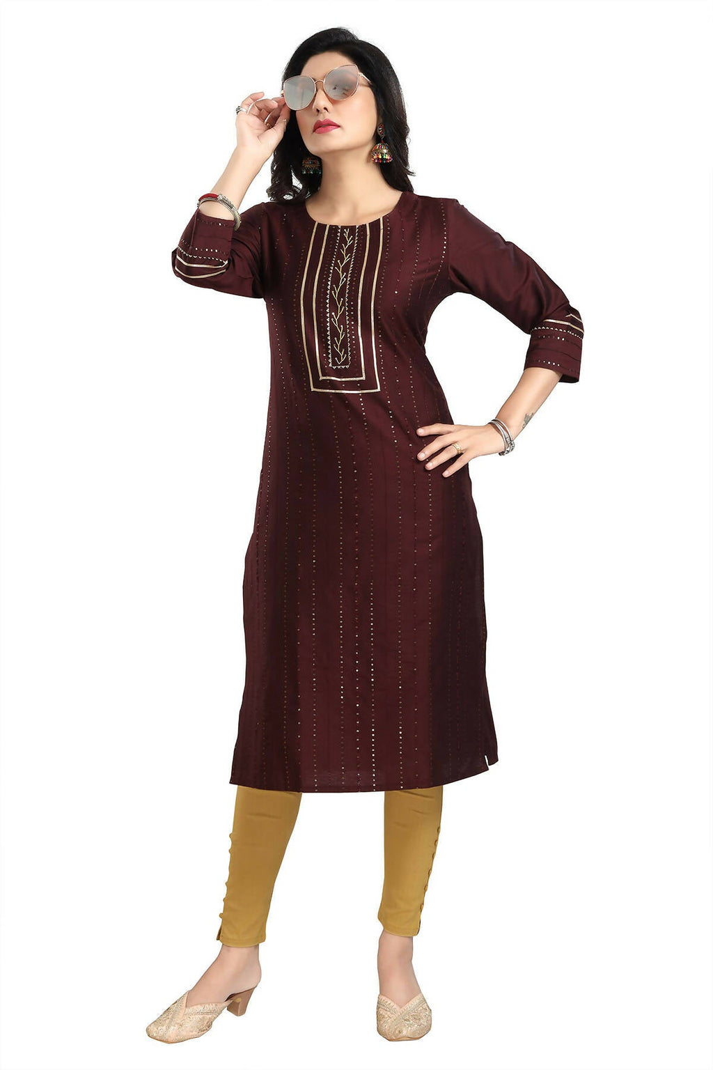 Snehal Creations Beautiful Brown Cotton Silk Designer Long Kurti Tunic With Sequines Embroidery