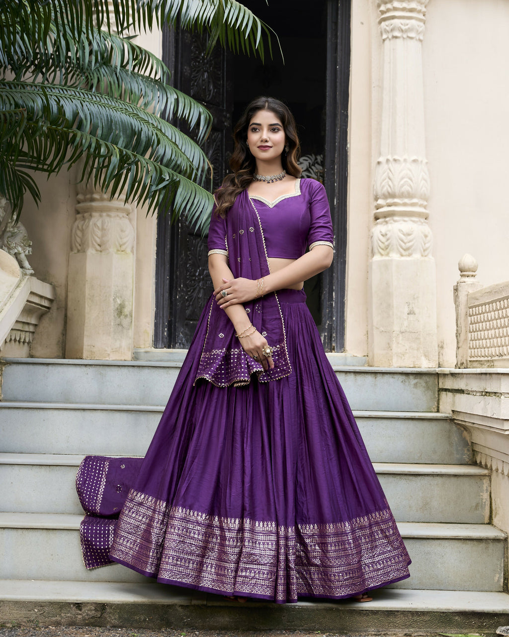 Lorenvalley Purple Pure Chanderi Plain With Zari Weaving Work Border Lehenga Choli