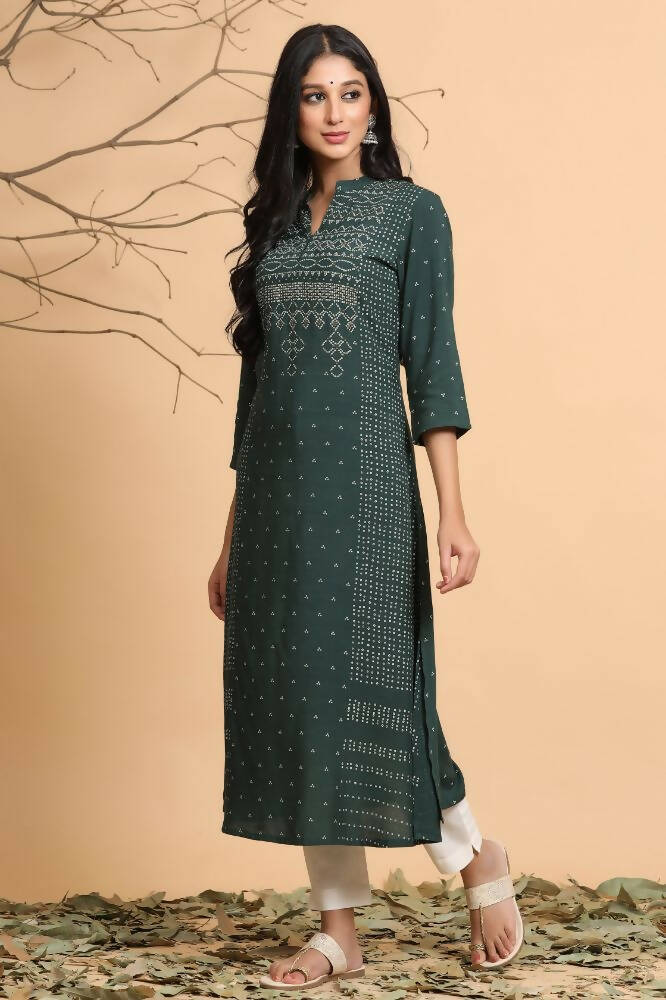 Juniper Women Jade Green Rayon Slub Bandhani Printed A-Line Kurta