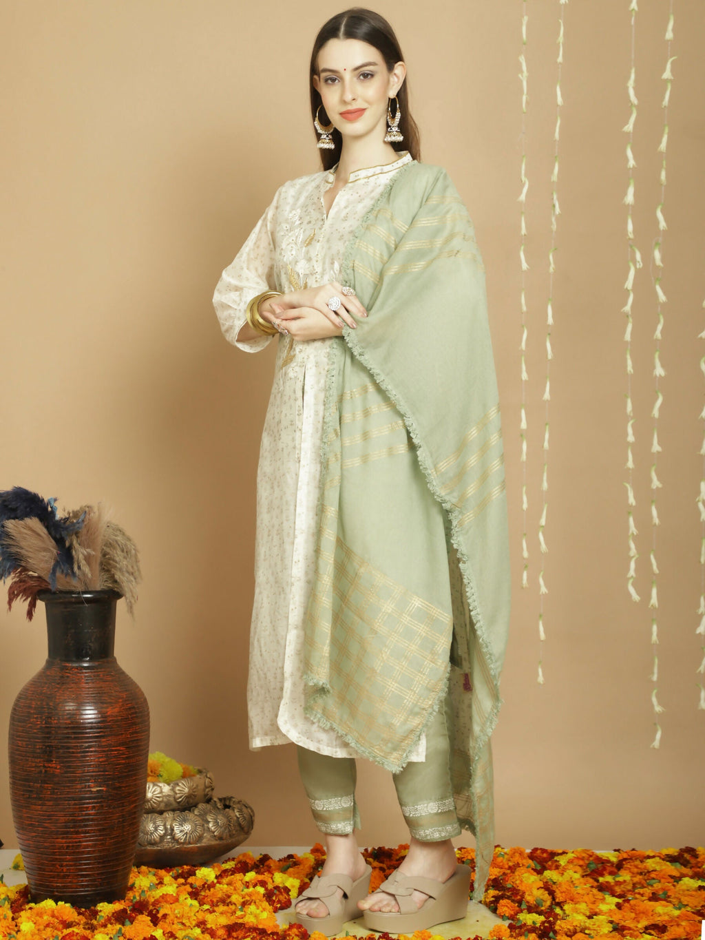 Jyoti Fashion Women's Off White Chanderi Silk Elegant Jardoshi Kurta with Trouser & Dupatta