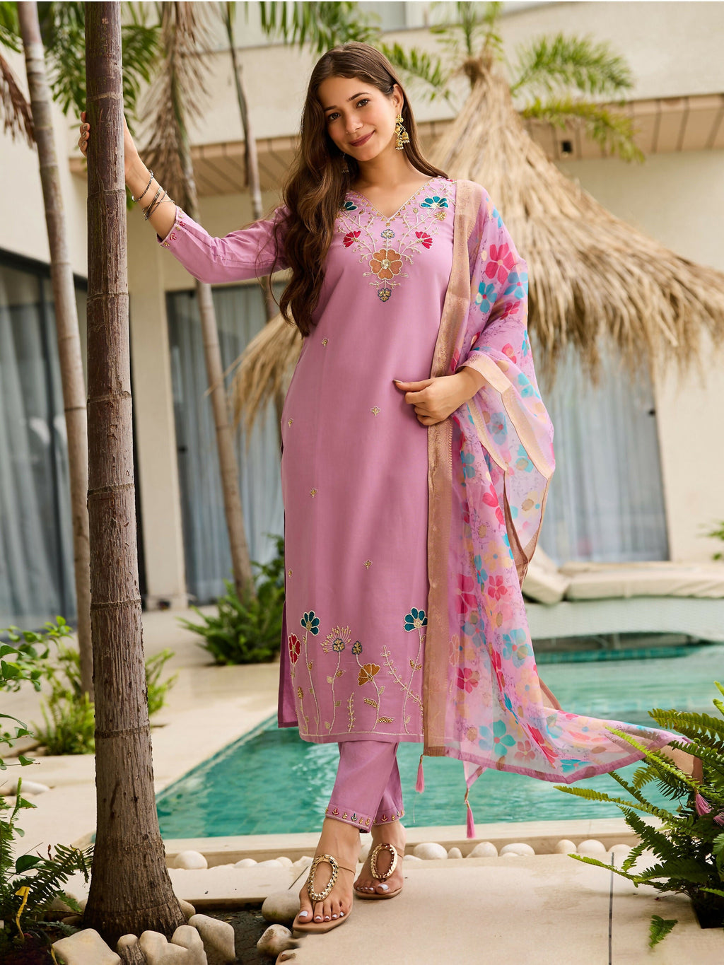 The52 Lavender Women's Gorgeous Embroidered work Viscose Gadhwal Fabric Straight Kurta, Pant and Dupatta Set