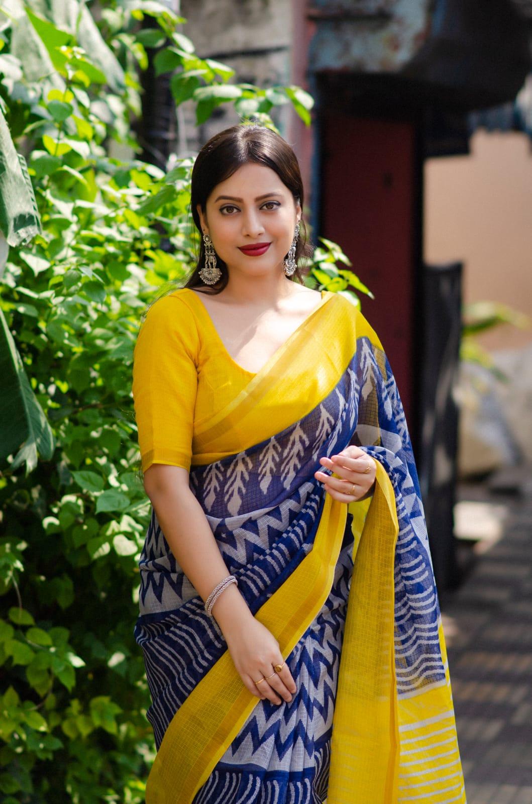 Blue Polycotton Ethnic Motifs Saree with Unstitched Blouse - Hiral Fashion