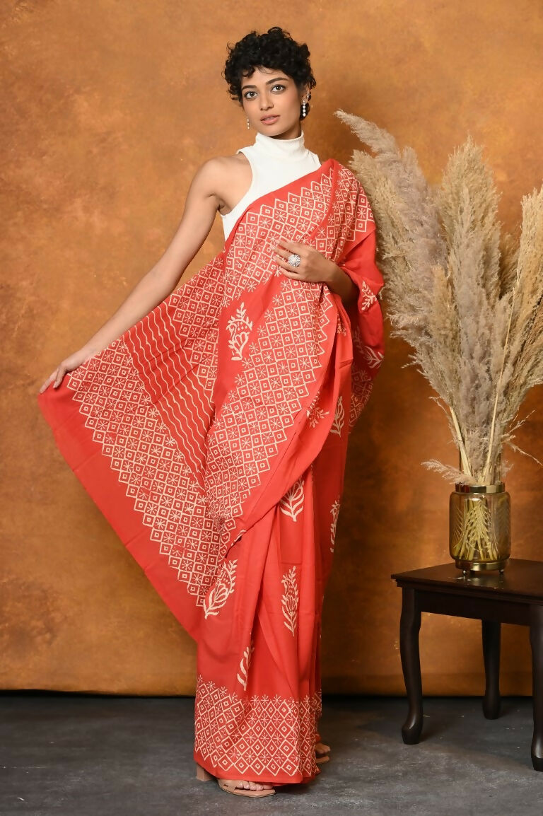 Very Much Indian Handblock Printed Cotton Saree With Natural Dyes - Orange