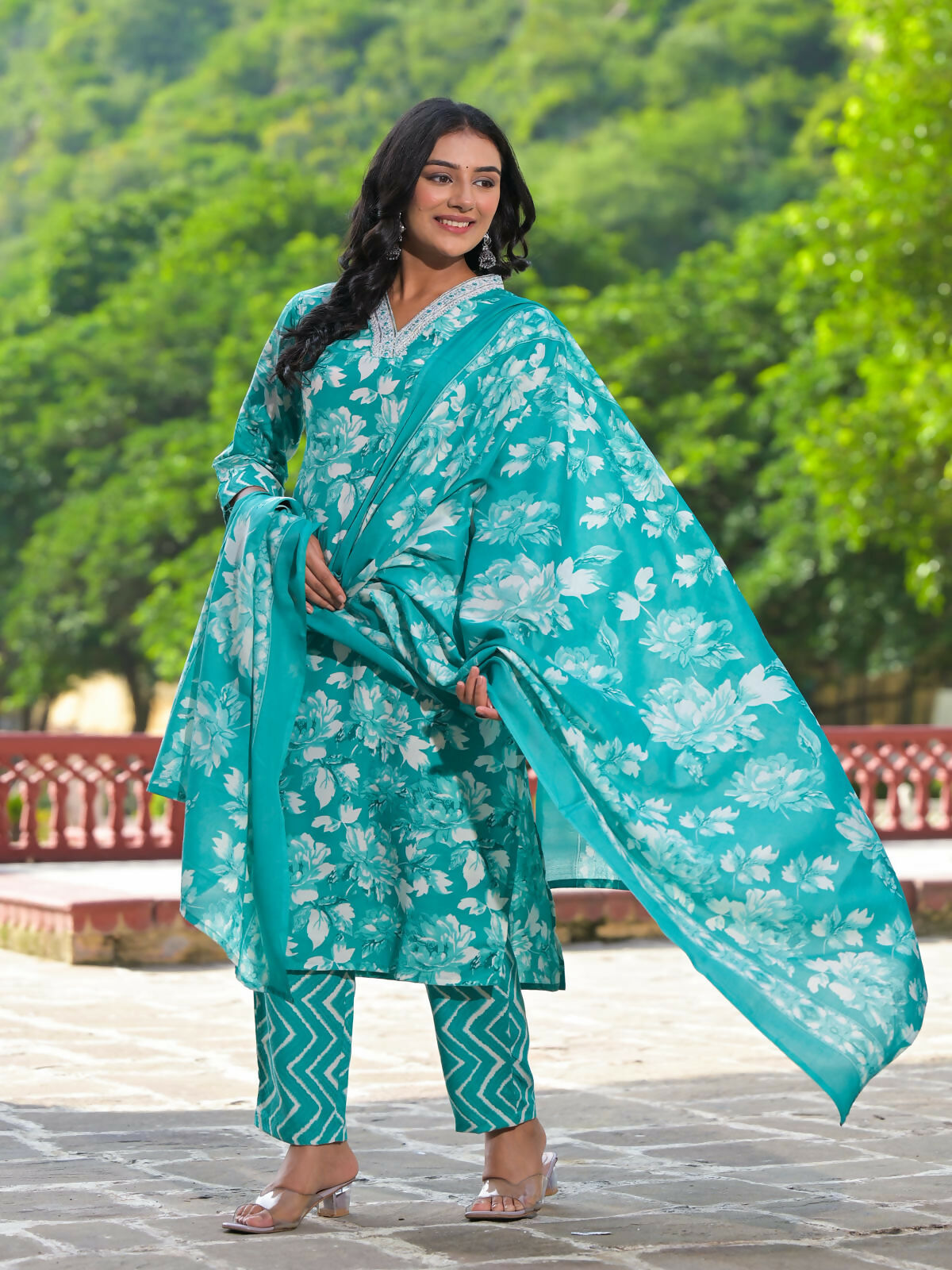 Juniper Women's Rama Green Floral Printed Cotton Kurta Pant With Dupatta Set With Mirror Work & Zari Work