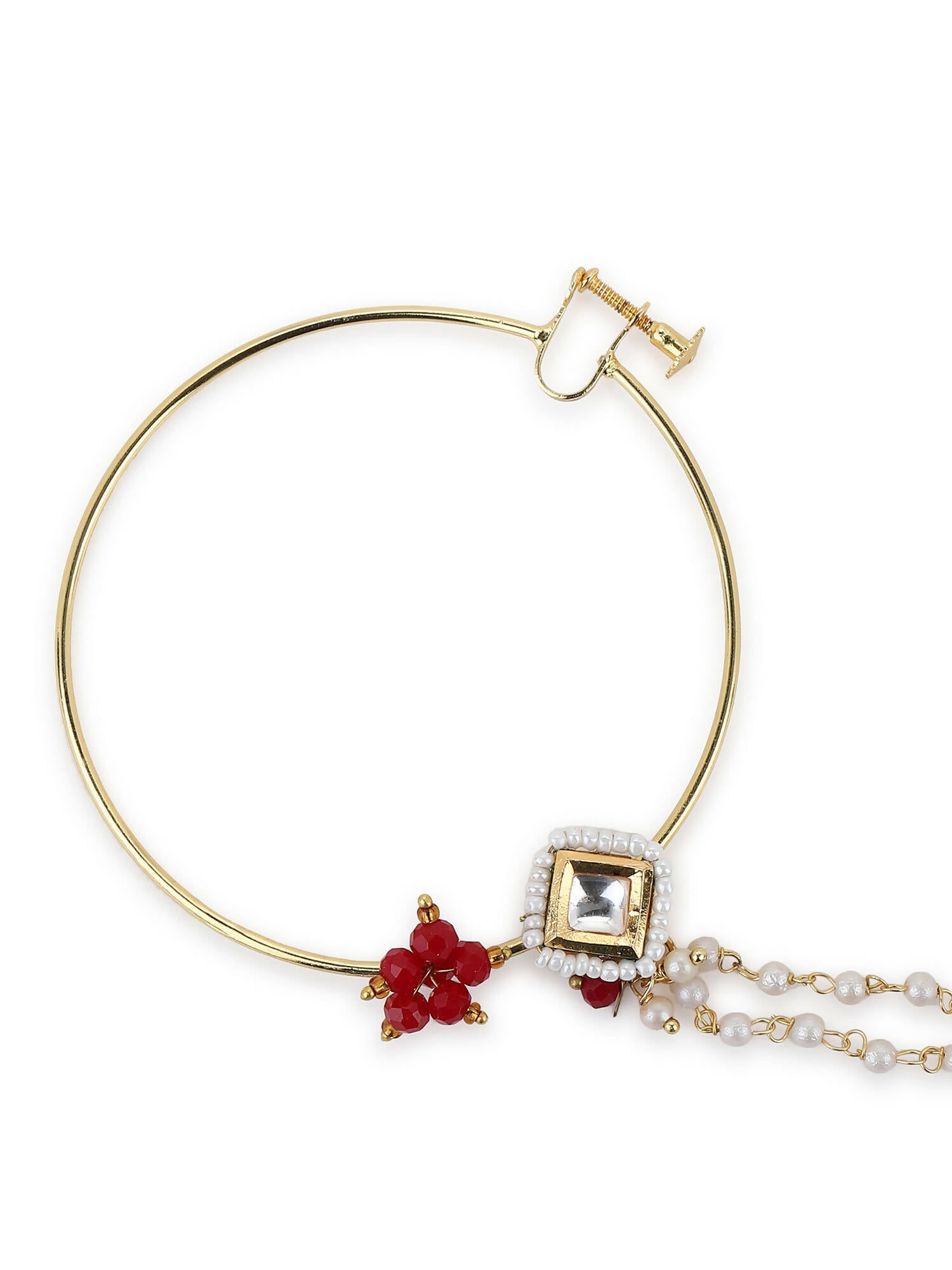 Gold-Polished White Red Kundan-Studded Pearl Beaded Nosepin - Ruby Raang