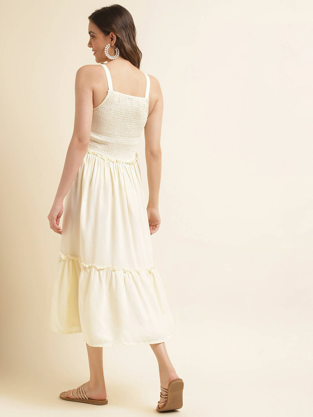 White Cotton Solid Flared Dress with Printed Shrug - Yukti