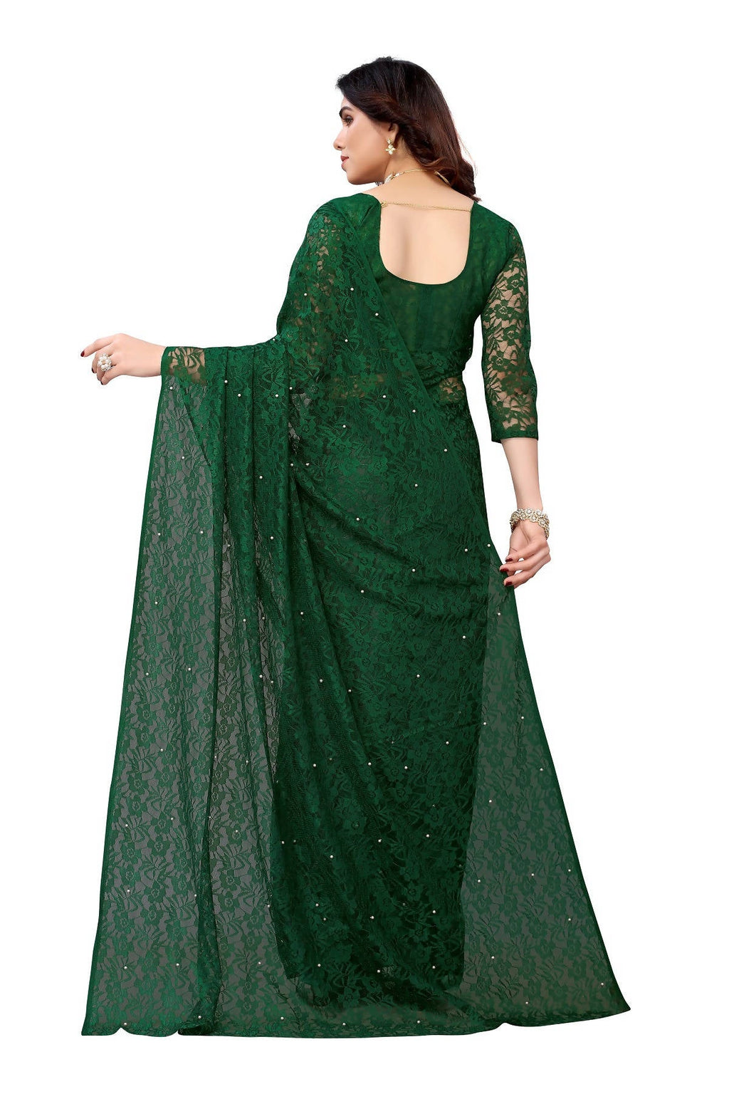 Vamika Ethnic Fire Green Pearls Net Saree