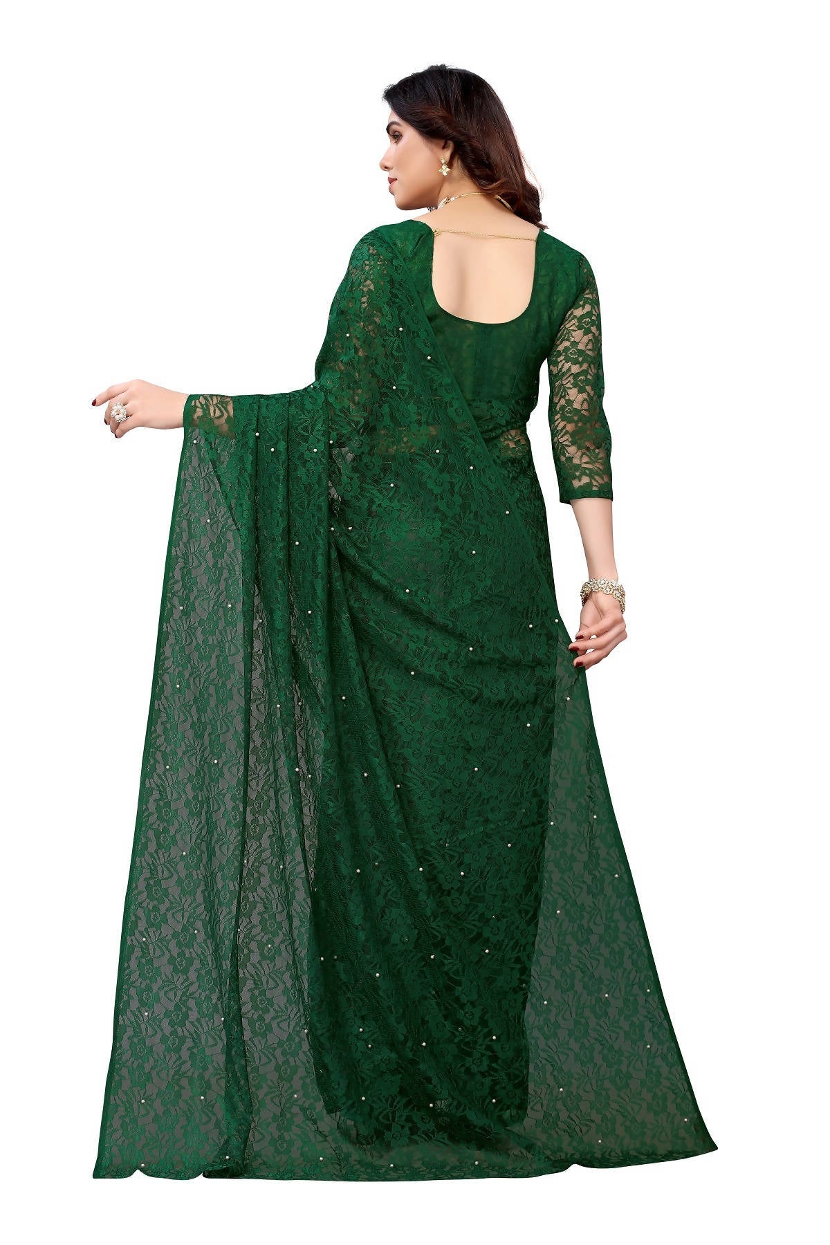 Vamika Ethnic Fire Green Pearls Net Saree