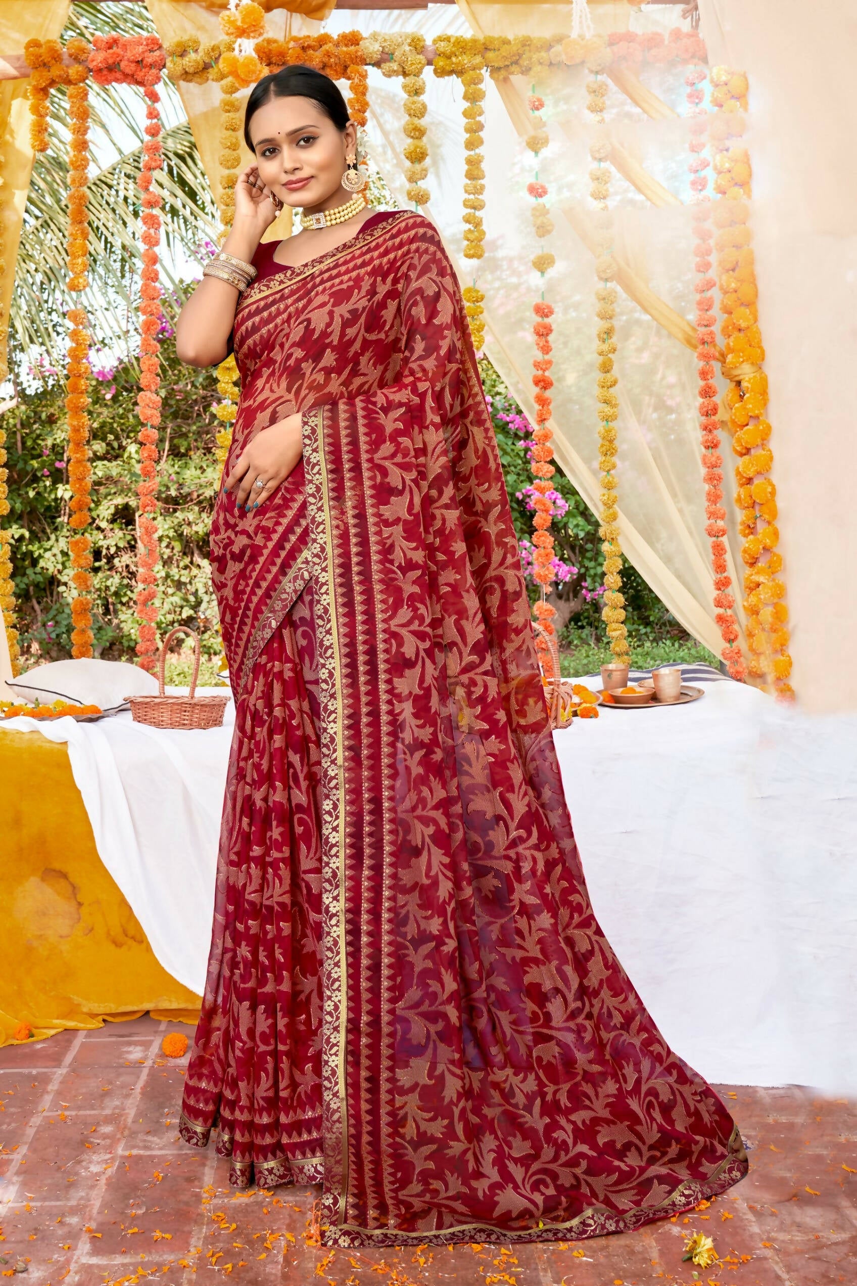 Maroon Georgette Foil Printed Saree with Unstitched Blouse piece - Avika