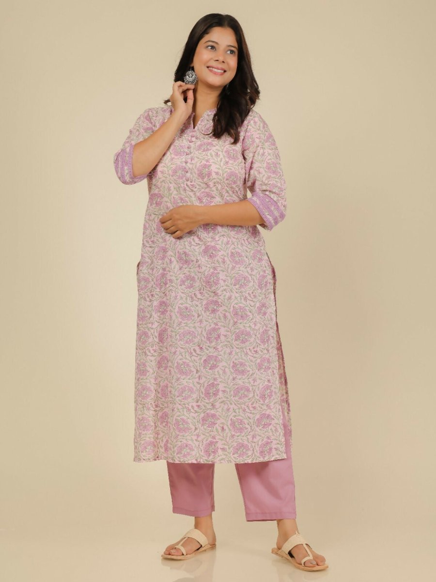 Aramya Pink Soft Cotton Floral Print Straight Kurta Pant Set for Women