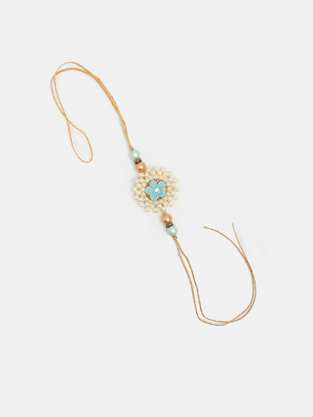 NVR Women & Men Set of 2 Peach Floral Design Pearl Beaded Bhaiya Bhabi Rakhi With Roli Chawal