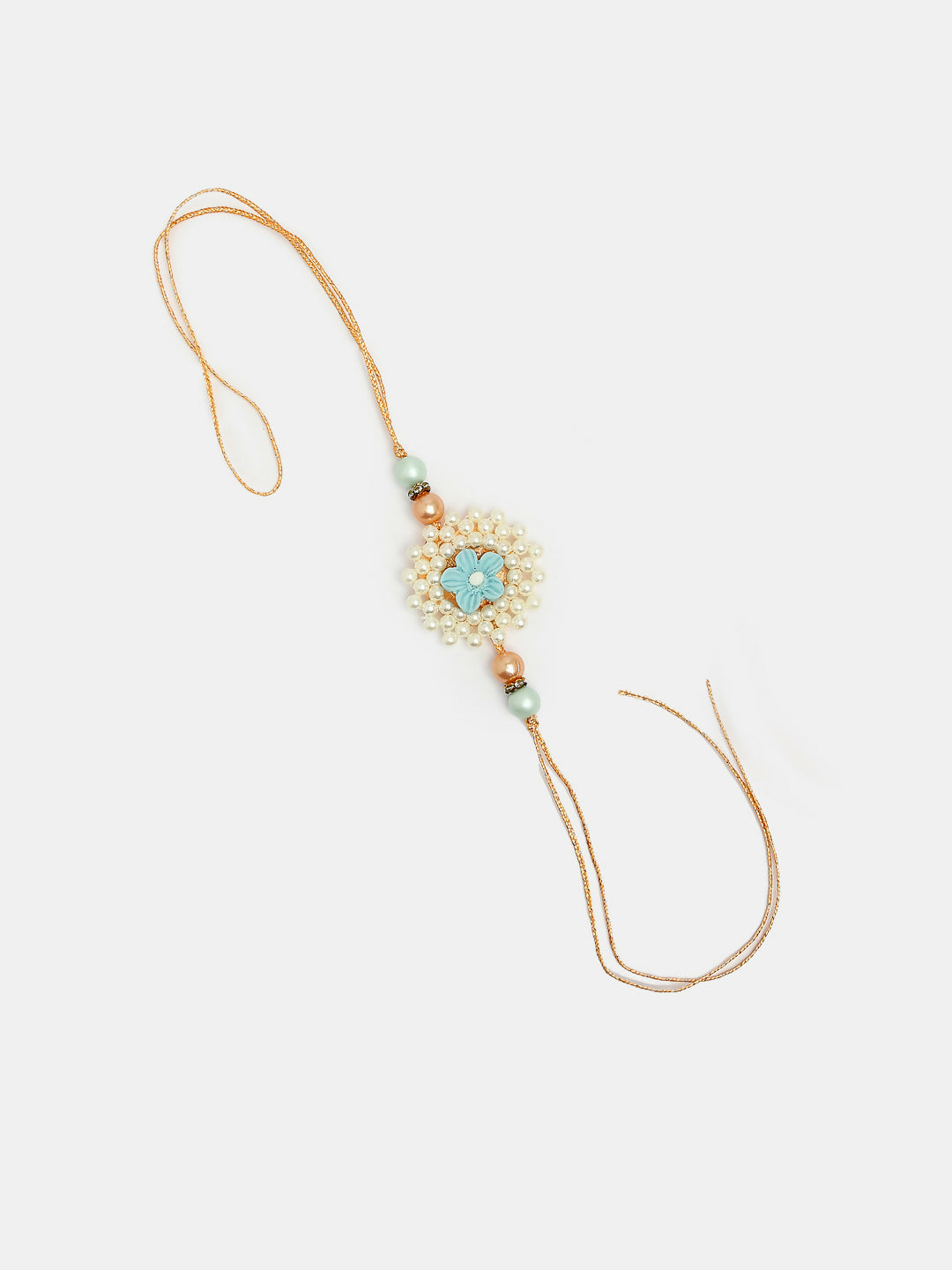 NVR Women & Men Set of 2 Peach Floral Design Pearl Beaded Bhaiya Bhabi Rakhi With Roli Chawal