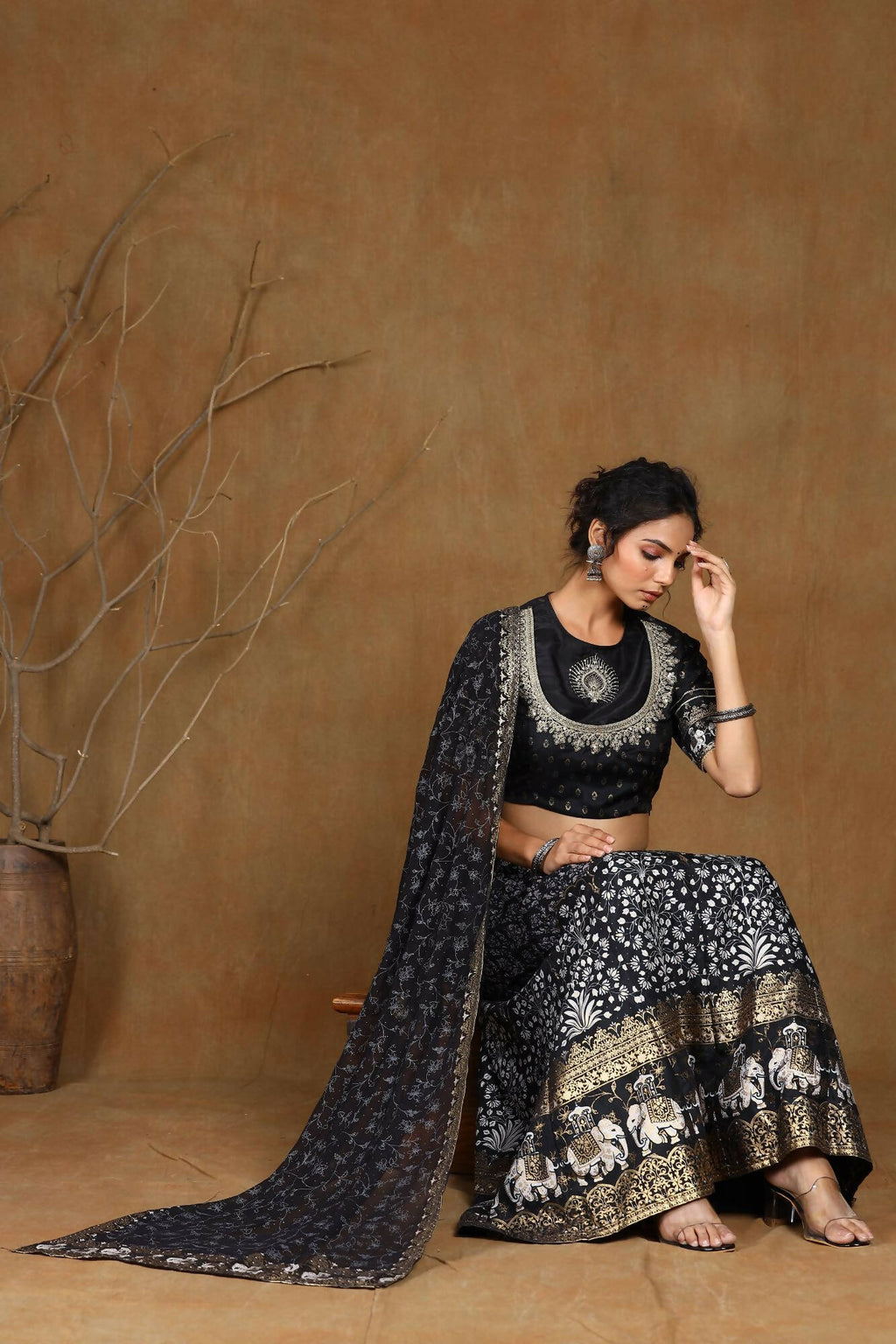 Juniper Women Black Shantoon Embroidered Flared Lehenga Choli Sets