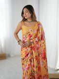 Orange Chinon Designer Digital Printed,Mirror Cut Work Saree - Elayna