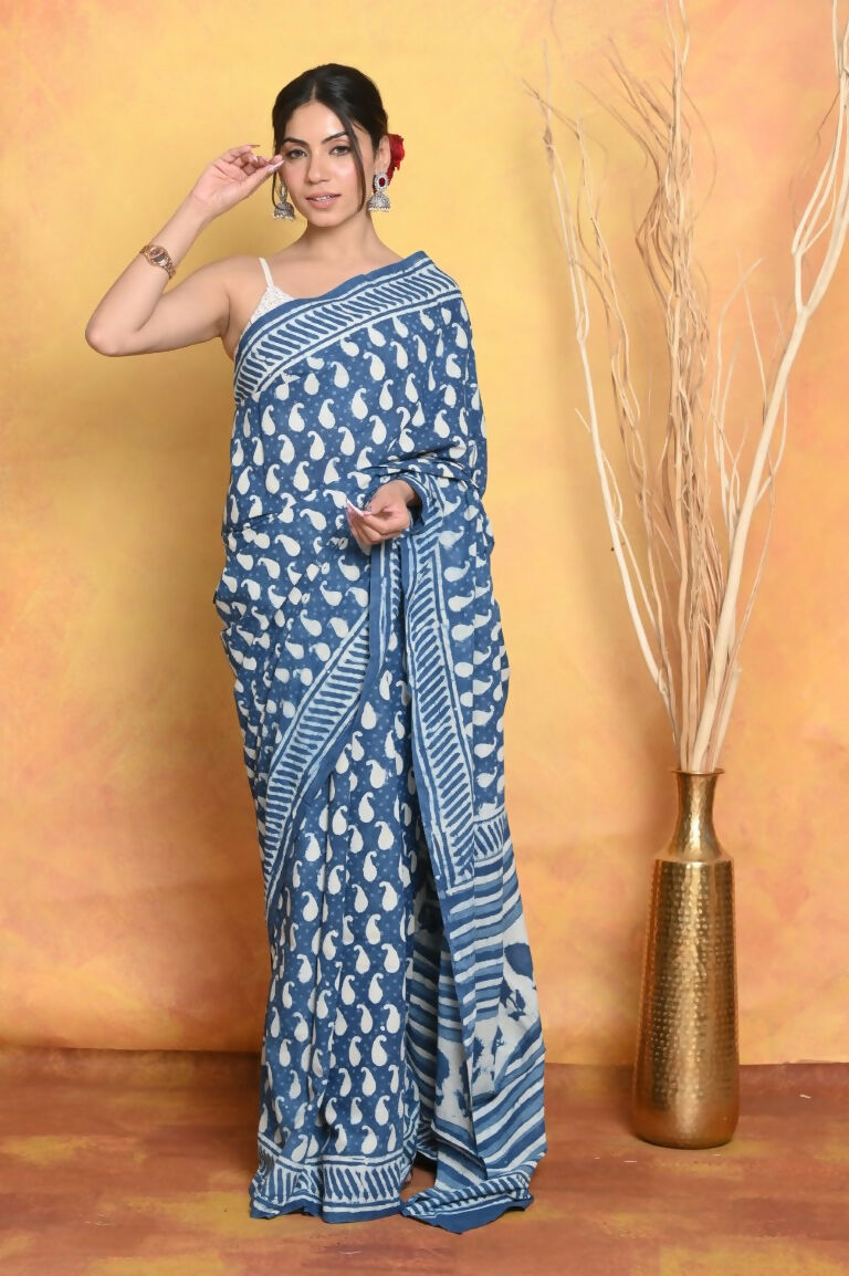 Very Much Indian Handblock Printed Cotton Saree With Natural Dyes - Blue