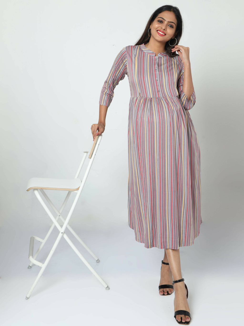 Manet Three Fourth Maternity Dress Striped With Concealed Zipper Nursing Access - Grey