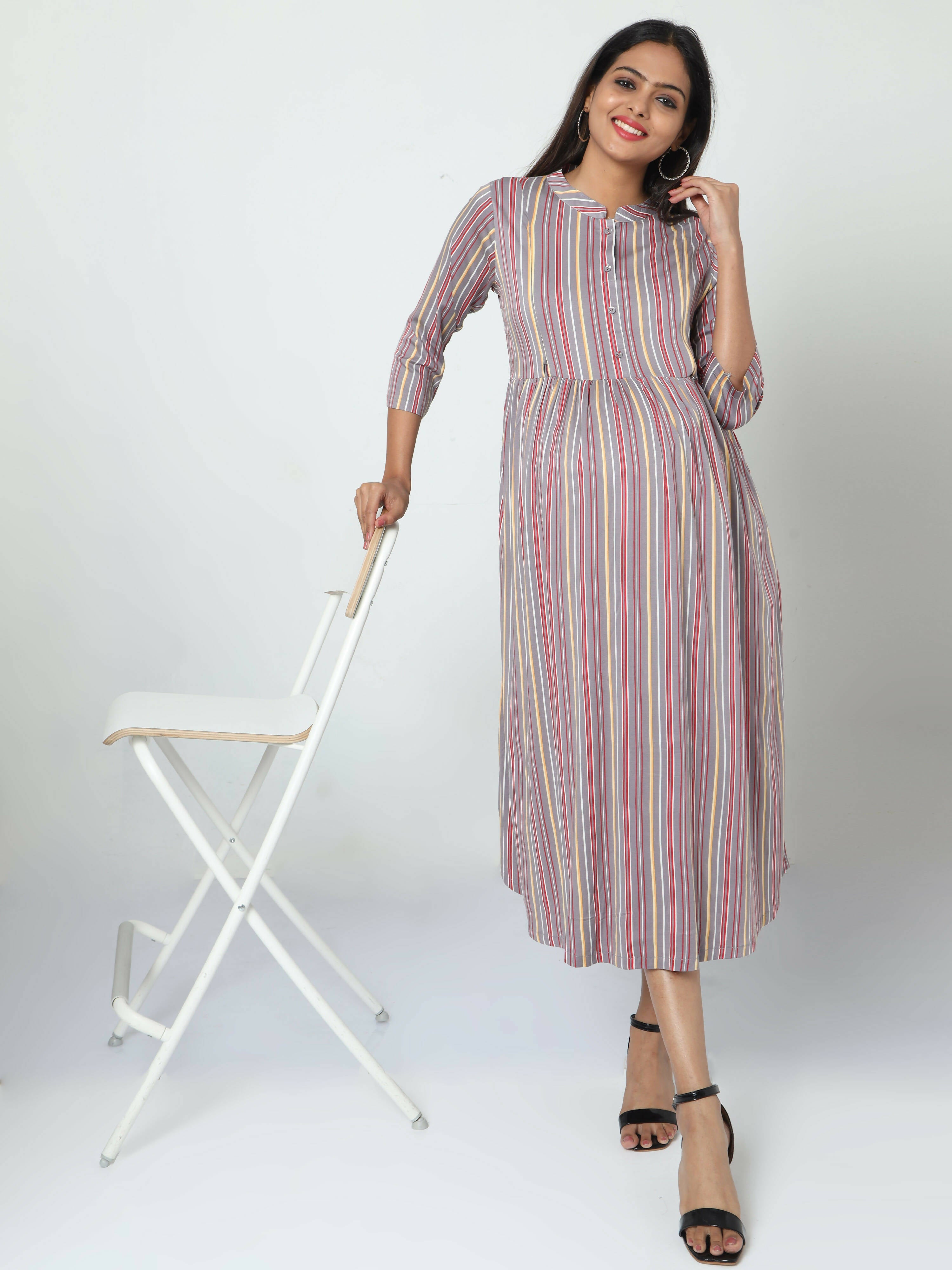 Manet Three Fourth Maternity Dress Striped With Concealed Zipper Nursing Access - Grey