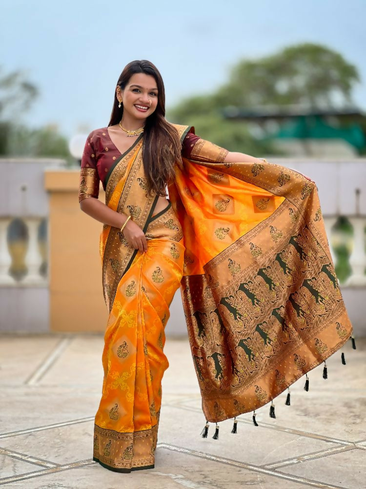 PR Fashion Mustard Orange Soft Banarasi Silk With Zari Weaving Meenakari Design Saree