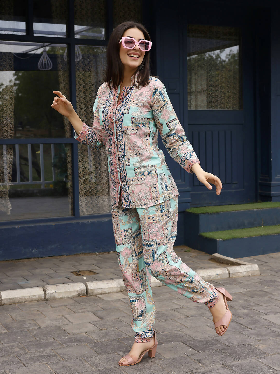 Pink & Blue Rayon Paisley Printed Top with Matching Bottom - Eesha