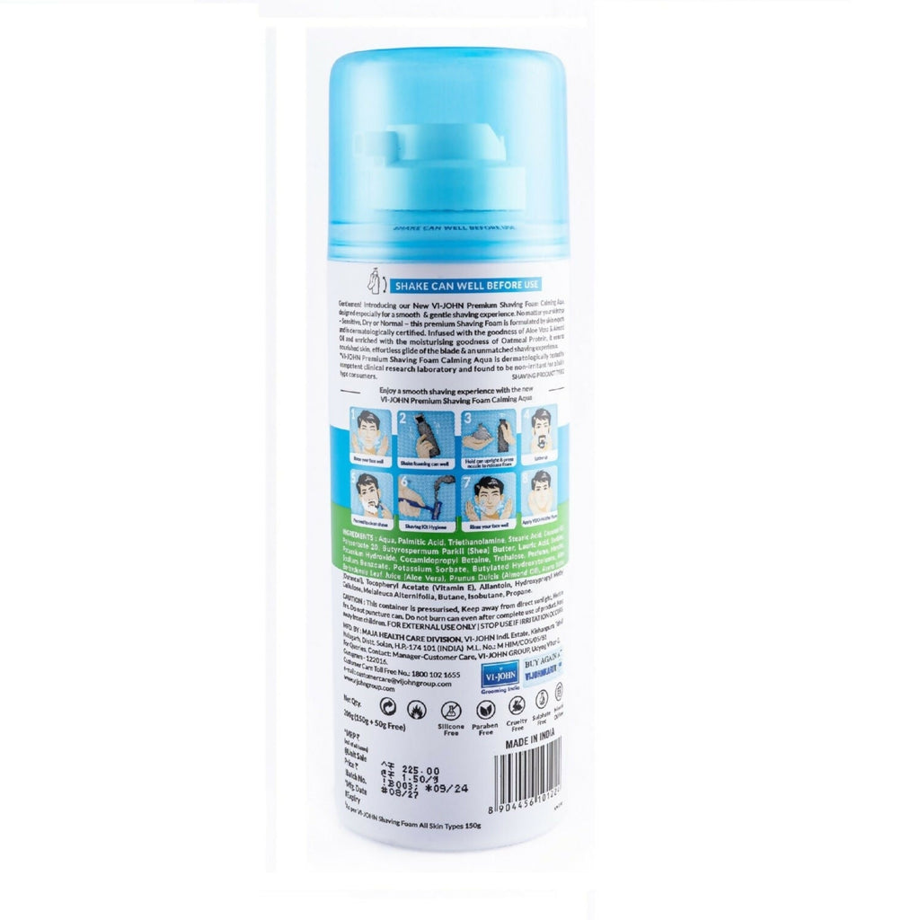 VI-JOHN Dermatologically Tested Premium Claming Aqua Shaving Foam Enriched with Aloevera & Almond Oil Free From Silicone, Paraben & Mineral Oil