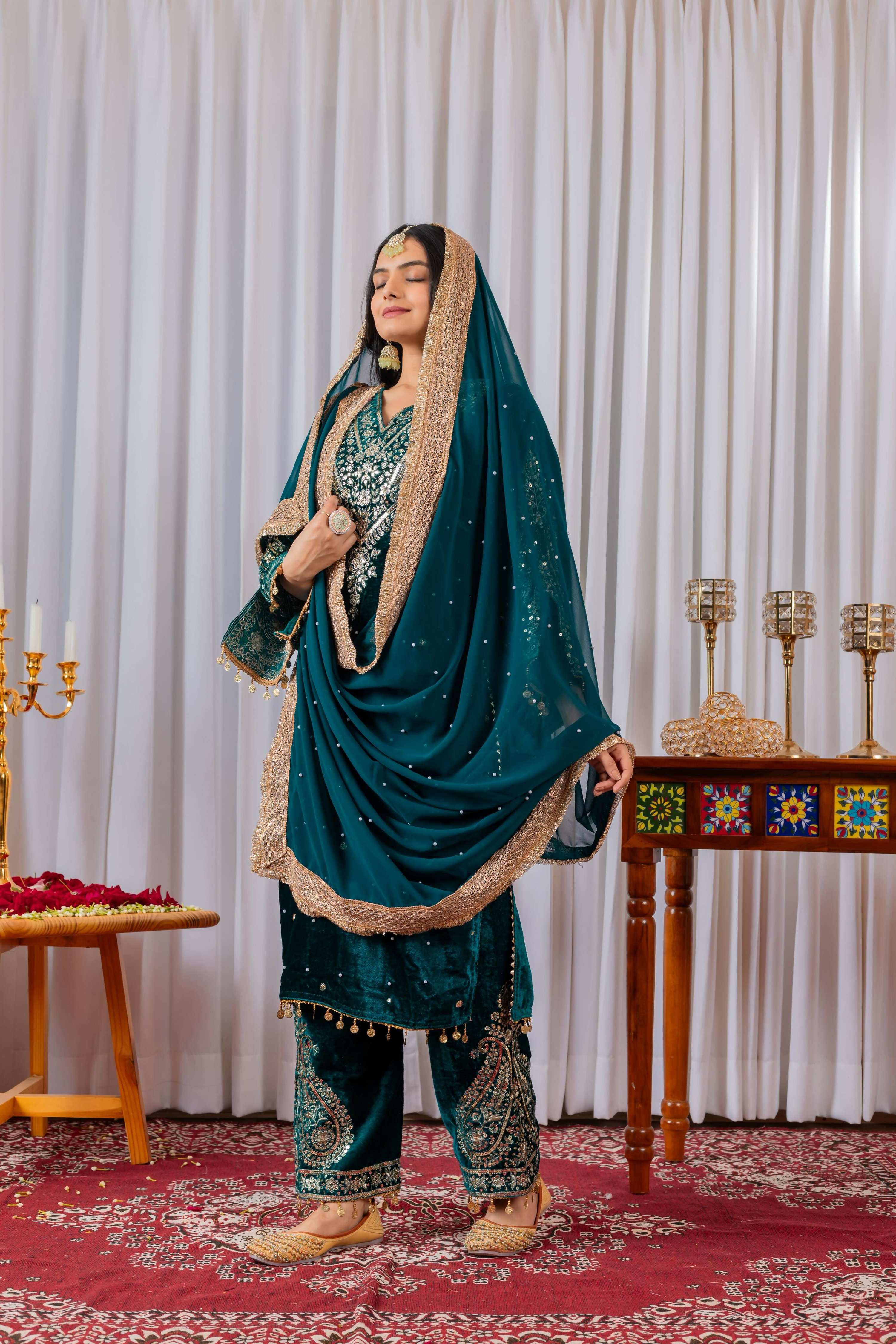 Joban Fashion Deep teal Velvet Embroidery Kurta Set