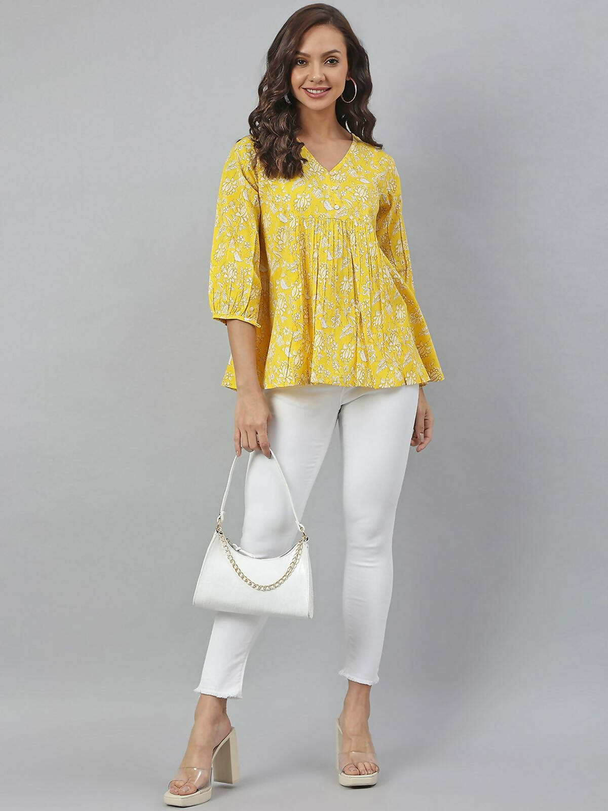 Janasya Women's Yellow Cotton Floral Print Flared Top