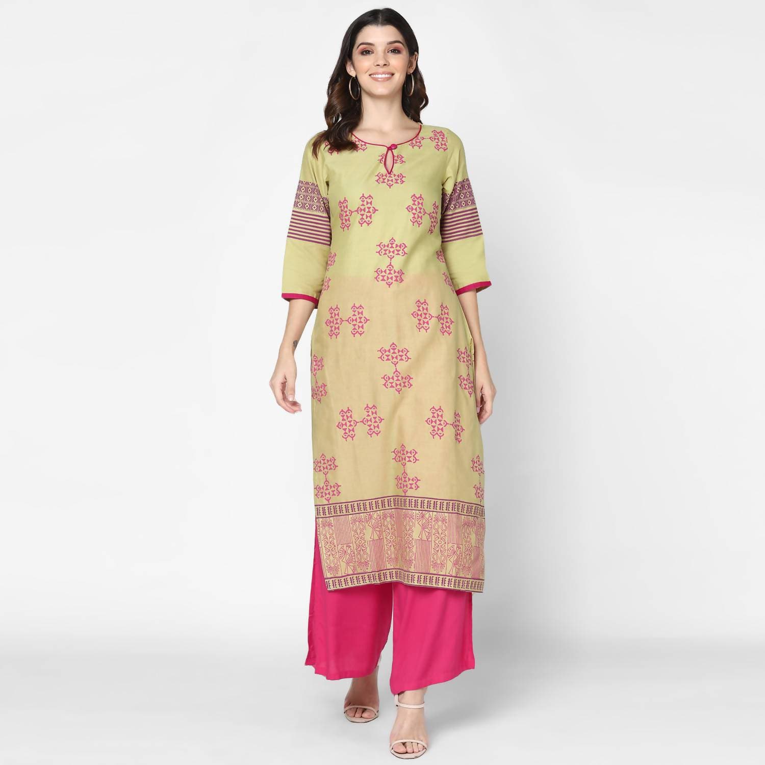 Cheera Hand Block Print Green & Pink Straight Kurta With Palazzo (MAAI-079K)