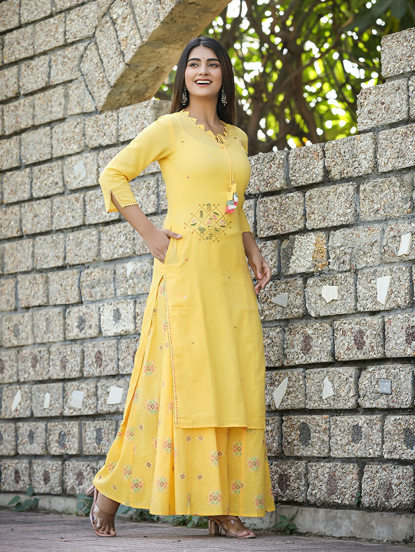 Kaajh Women's Yellow Embroidery Kurta Sharara Set
